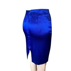Vintage 80's MARNI WEST Cobalt Blue Silky Pencil Skirt Button OFFICE SIREN S